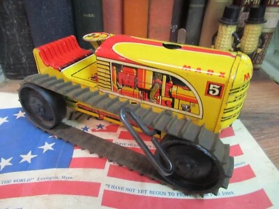 1950s MARX #5 WIND-UP TIN LITHO RED/YELLOW CLIMBING TRACTOR working 8” x 4.5” - Image 1 of 4