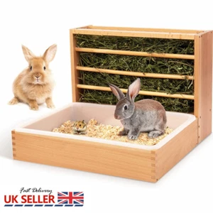2 in 1 Rabbit Hay Feeder with Litter Tray for Small Pets Wooden Hay Rack Feeder - Picture 1 of 12