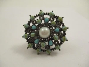 Vintage Lucky You Large Faux Turquoise Peal Ring Silver Tone Size 7 - Picture 1 of 4