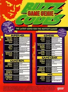 VINTAGE 1994 Game Genie Codes Sheet SNES Sega Genesis Video Game Print Ad - Picture 1 of 1