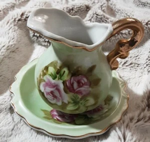 Lefton #4577 Heritage Green With Cabbage Roses Small Pitcher And Bowl - Picture 1 of 5