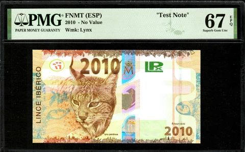 🔥SPAIN 2010 • FNMT .-  "TEST NOTE" ☆ ¨LYNX PARDINUS ☆ SUPERB GEM PMG 67 EPQ ☆ Cover