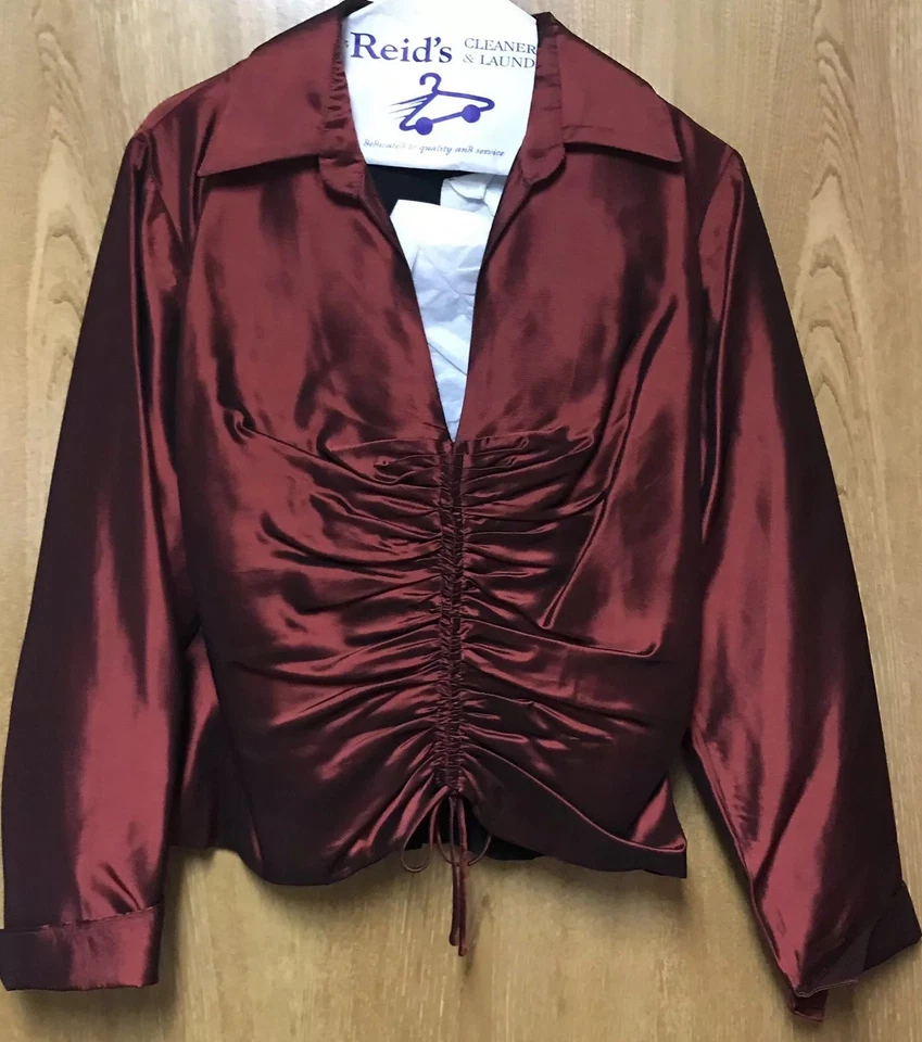 David Meister Burgundy Ruched Front Closure Silk Formal Blouse Top 12 L - Image 1 of 4