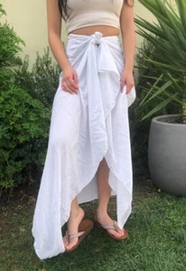 Hawaiian Pareo Sarong Solid White Luau Beach Pool Cruise Wrap Dress NO FRINGES - Picture 1 of 6