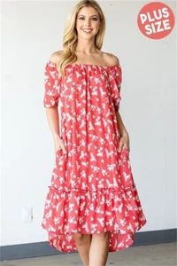 Coral Pink Floral Plus Size Maxi Dress 1XL Cold Shoulder High Low - Picture 1 of 2