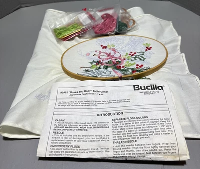 Unfinished Bucilla 82982 Doves and Holly Table Runner Stamped Embroidery - Image 1 of 4
