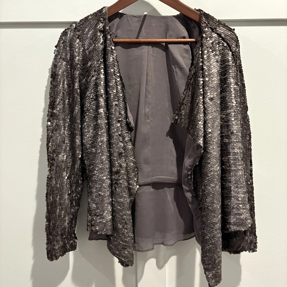 Chaqueta Free People Mujer Pequeña Gris Lentejuelas Drapeada Cárdigan Frente Abierto Boho Foto 1 de 4