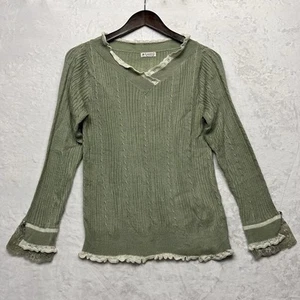 Axes Femme Womens Tops Sz M Green Coquette Fairy Lace Trim Y2K V Neck Long Sleev - Picture 1 of 10
