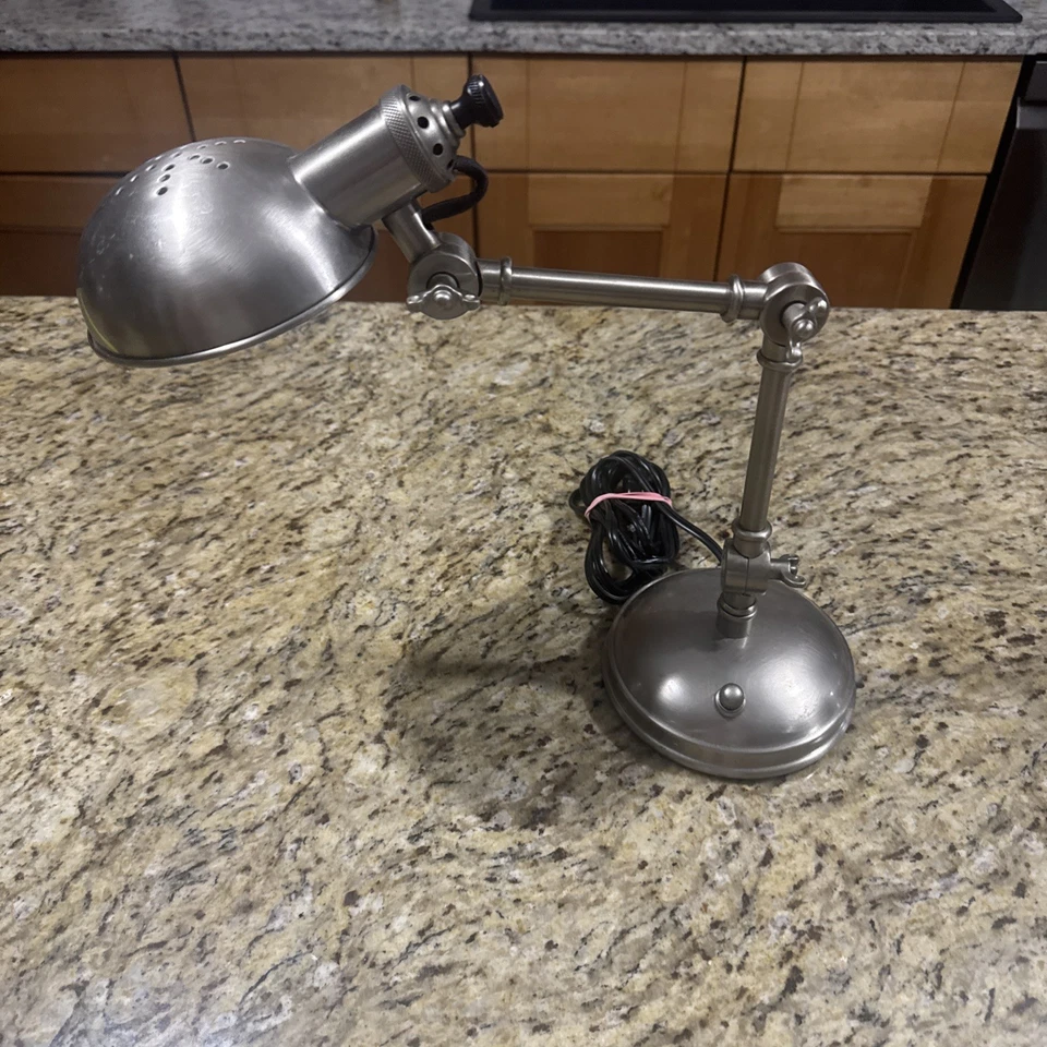 HEAVY Desk Lamp/ Brushed Nickel Three-Way Adjustable, Nice Cond. Cpix - Image 1 of 4