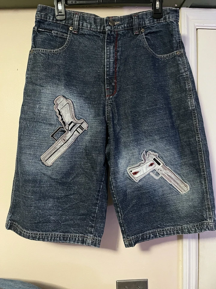 Pantalones Cortos de Patinador Sueltos Y2K Focus Jeans Grunge Bordados Denim Hombres 30x13 Foto 1 de 4