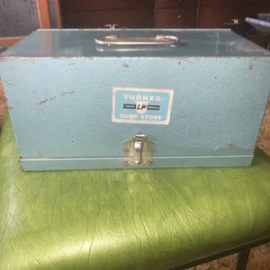 Early Pat Pending Vintage Turner Camp Stove LP Brass Enamel Metal Case Illinois - Picture 1 of 7