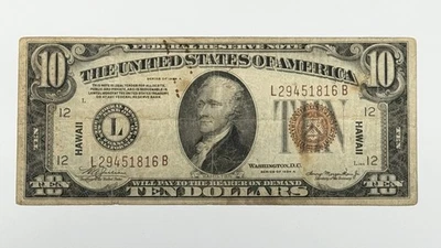 1934 A $10 HAWAII OVERPRINT Bank Note FRN ten US WWII Emergency Issue Fr# 2303 - Image 1 of 4