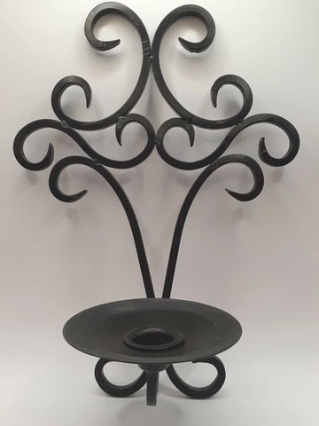 Vintage Set Wrought Iron Scroll Wall Sconce Candle Holder Black 11 5/8"x8.5" Cover