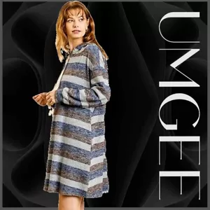 SIZES L UMGEE BROWN Striped Fleece Pockets HOODIE Dress/Tunic BHCS - Picture 1 of 5