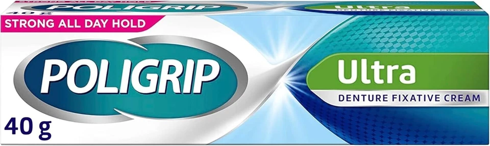 Poligrip Denture Adhesive Cream, False Teeth and Partials Fixative, Ultra, 40 g