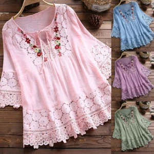 Women Vintage T-Shirt Tops Lace Patchwork Bow O-Neck Three Quarter Blouse Tops - Picture 1 of 26