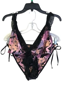 Asos Bikini Set Swimwear Black Pink Womens Size 14/36DD/F Floral Ruffle Lace - Picture 1 of 14