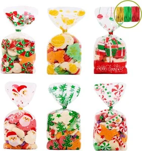 Veylin 120Pcs Christmas Cellophane Goody Bags, Xmas Cello Candy Bags W - Picture 1 of 6
