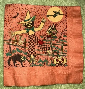 Vtg 1950s Halloween Napkin Scarecrow JOL-Cat-Witch-Moon-Bats Beverage Napkin NOS - Picture 1 of 7