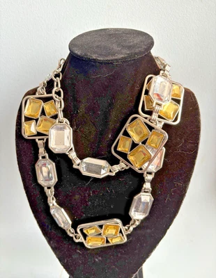 "Cinturón/Collar CADENA Vintage Eslabones Tono Plateado Piedras Amarillas Transparentes Grande XL 41.5""" Foto 1 de 4