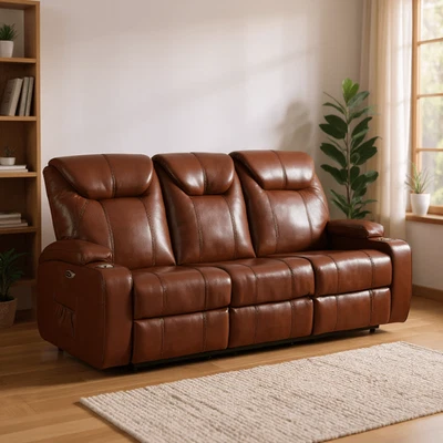 Leather recliner Sofa Suite 3+2+1 Cinema Style Cup Holders Electric Motor Black