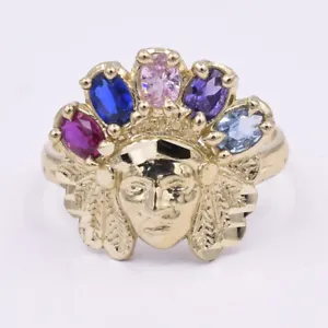 Women's Native American Indian Head Rainbow CZ Solid 10K Yellow Gold - Picture 1 of 4