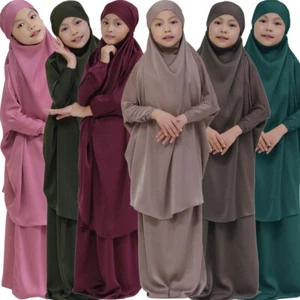 Kids Girls Muslim Children Overhead Hijab Kaftan Burqa Long Dress Khimar Islamic - Picture 1 of 36