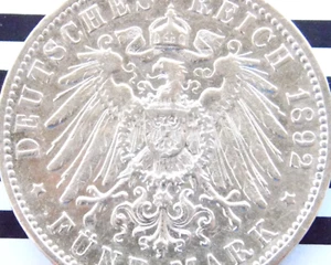 GERMAN 5 Mark 1892 F States WURTTEMBERG WILHELM II. Silver Coin WW1 VERY RARE - Picture 1 of 8