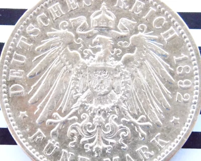 GERMAN 5 Mark 1892 F States WURTTEMBERG WILHELM II. Silver Coin WW1 VERY RARE - Image 1 of 4
