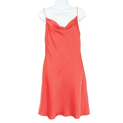 Marciano Guess Slinky Satin Drap Front Slip Dress Open Back Gold Chain Coral, S - Image 1 of 4