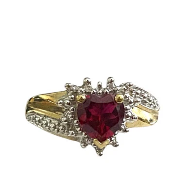 9ct Yellow Gold  Red Ruby And Natural Diamond Heart Ring Size L Free Gift Boxed - Image 1 of 4