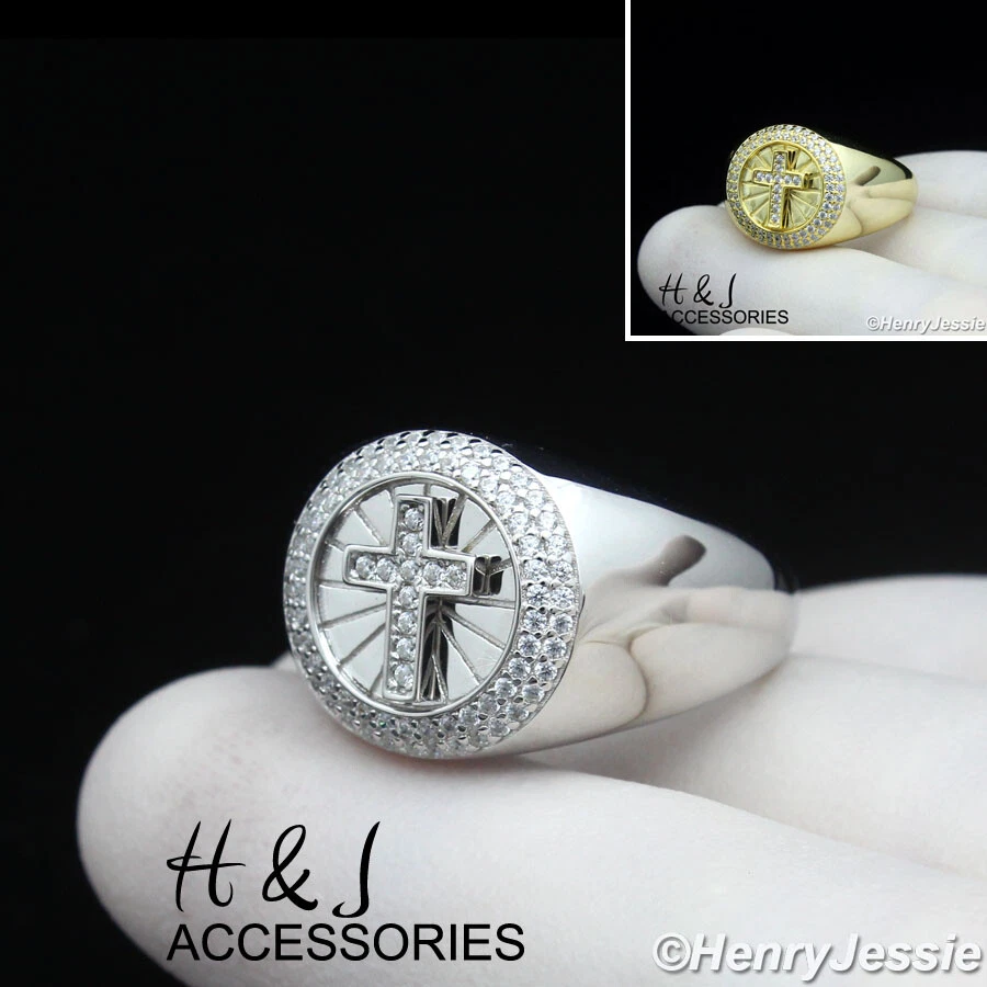 ANILLO REDONDO CRUZ 3D CHAPADO EN ORO/PLATA PLATA PLATA ESTERLINA 925 PARA HOMBRE*R196 Foto 1 de 1