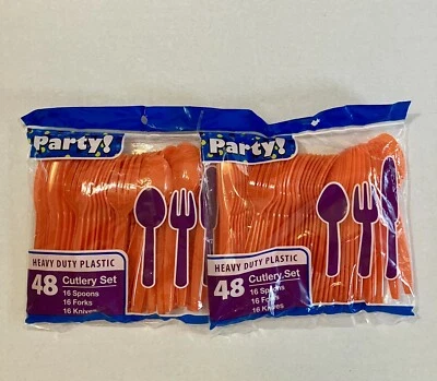 Disposable Orange Plastic Cutlery (Spoons, Forks, Knives) 48 Piece Set - 2 Pack - Image 1 of 3