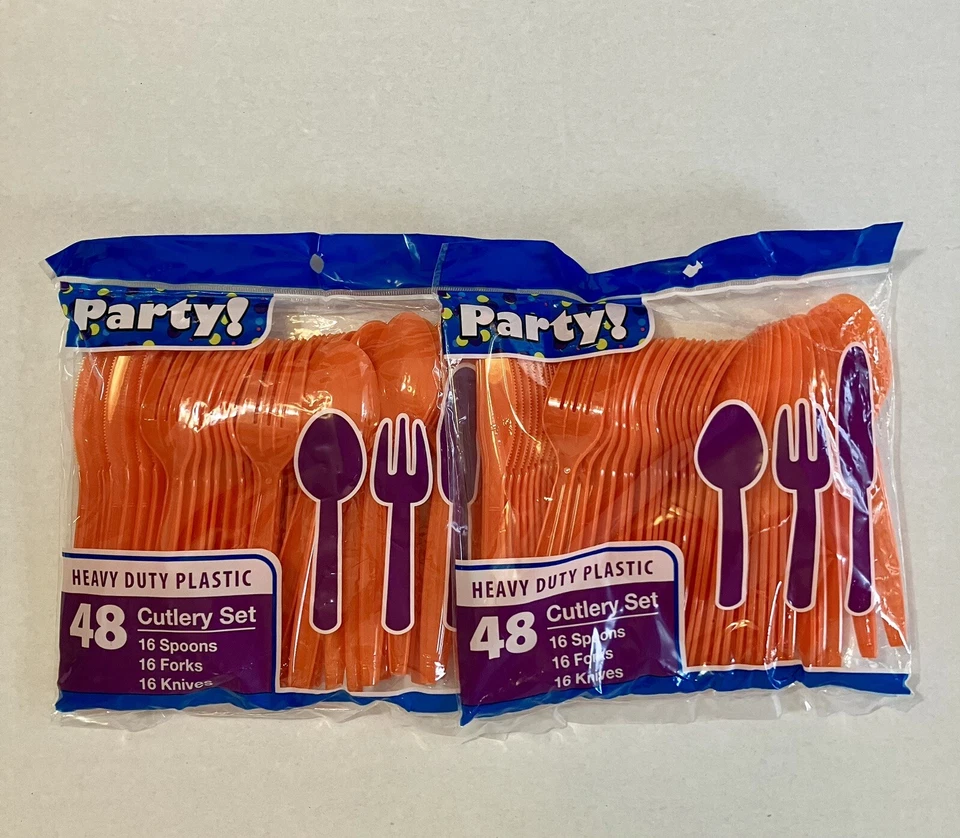 Juego de 48 cubiertos desechables de plástico naranja (cucharas, tenedores, cuchillos) - paquete de 2 Foto 1 de 3