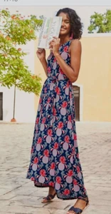 VGC BODEN Size 12 Pineapple Print Jersey Sleeveless Maxi Dress Tie Belt Tropical - Picture 1 of 10