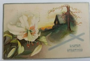 C. 1910 Easter Greetings Artistic Lily Crucifix fRaphael Tuck Postcard A8-E - Picture 1 of 3