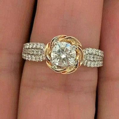 Impresionante anillo solitario de diamantes simulados de corte redondo de 2,22 quilates chapado en oro de 2 tonos de 14 k Foto 1 de 4