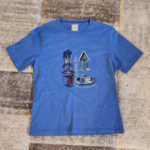 Vintage Gear Women's T-Shirt M Blue Garden Hat Birdhouse Floral Graphic - Picture 1 of 5