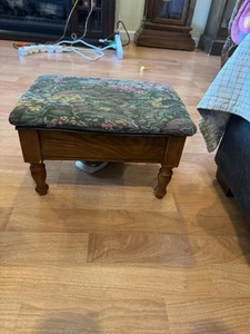 **Vintage Wooden Tapestry Footstool with Storage – Hinged Padded Top – Floral... - Picture 1 of 17