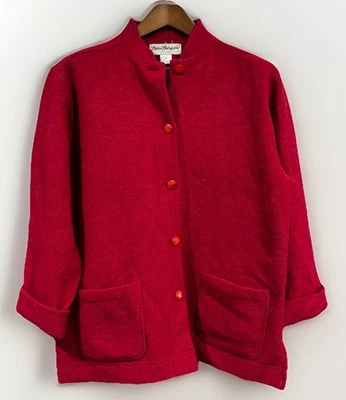Norm Thompson Size LP Womens 100% Wool Red Pocket Cardigan 90s Christmas Festive - Image 1 of 4