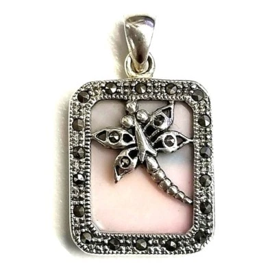 Rose Pink MOTHER OF PEARL & DRAGONFLY PENDANT Marcasite .925 STERLING SILVER - Image 1 of 2