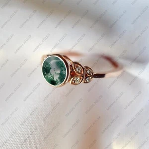 Moss Agate &CZ Vintage Ring,925 Sterling Silver Gold Plated Gift For Engagement - Picture 1 of 6