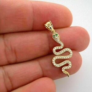 Silver Simulated Emerald Snake Pendant 14K Yellow Gold Finish With 18'' Chain