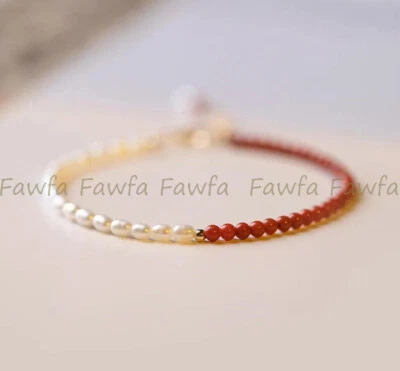 Brazalete de perlas de agua dulce blancas reales de 4 mm de coral rojo 4-5 mm 7,5" Foto 1 de 4