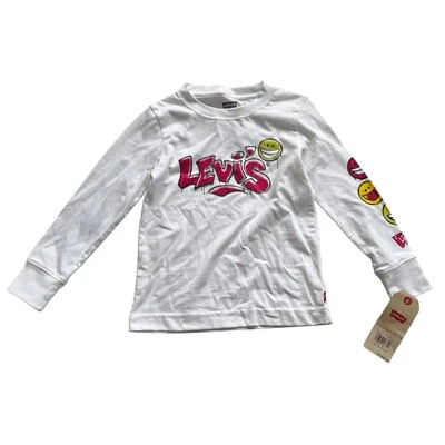 Levis Camiseta Manga Larga Niñas XS Blanco Rojo Amarillo Spray Logo Smiley Face Foto 1 de 3