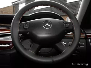 FOR MERCEDES E CLASS W211 02-09 BLACK LEATHER STEERING WHEEL COVER BEIGE STITCH - Picture 1 of 4