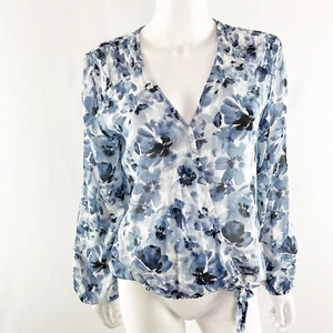Bella Dahl Blue Floral Wrap Blouse Top Size L Pansy Print Long Sleeve Casual - Picture 1 of 9
