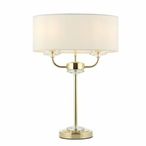 ENDON Nixon 40W E14 2lt Twin Table Lamp Brass Plate Vintage White Fabric 70564
