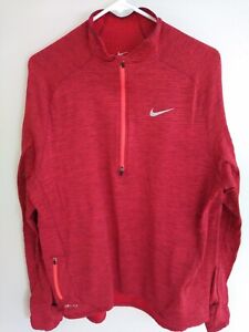 NIKE Dri-Fit Running Jacket Quarter Zip Mens Size Large Swoosh Red Waffle Lined 