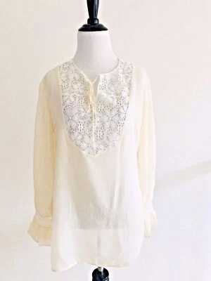 The Limited Womens Size L Silk Lace Blouse Beige Side Split Keyhole Bell Sleeves - Image 1 of 4